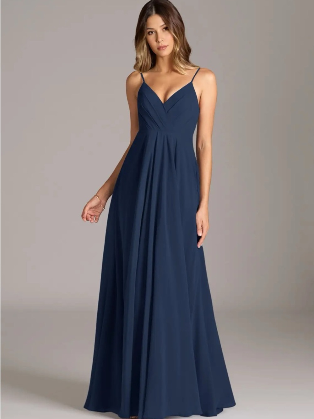 Azazie Spaghetti Strap Navy Blue V-Neck Maxi Dress - Picture 3 of 3
